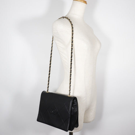 CHANEL Shoulder Bag lambskin black Matrasse Diamond stitch ChainShoulder Women Used Authentic