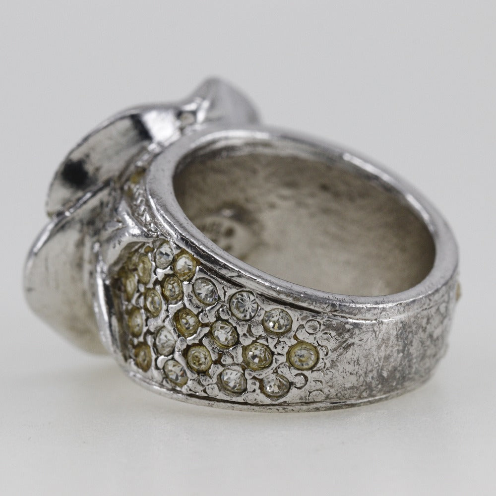 CHANEL Ring Metal, Rhinestone Silver Camelia COCO Mark Women Used Authentic