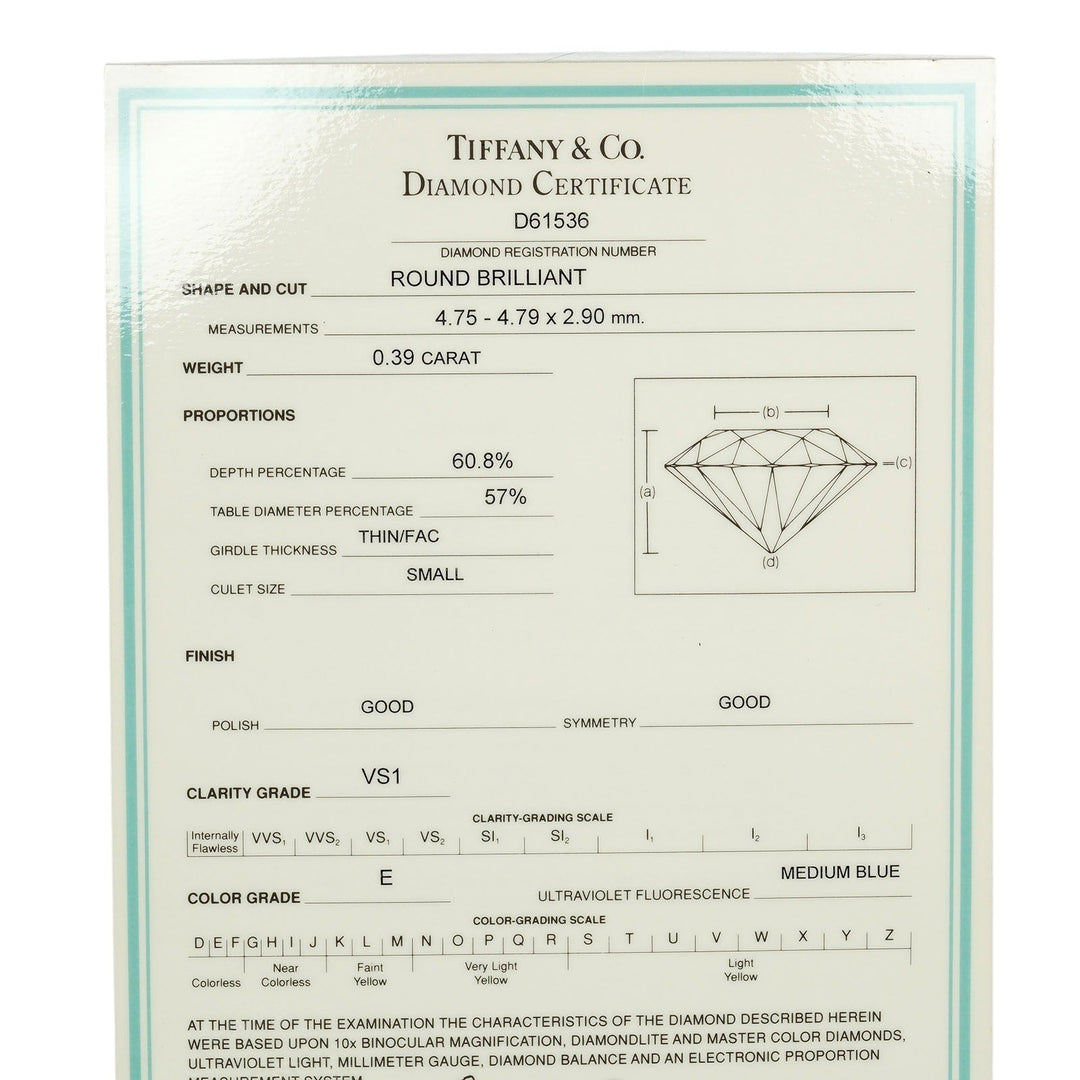 TIFFANY&Co. Ring 0.39ct VS1/E/GOOG Pt950Platinum, Diamond Silver Solitaire Women Used Authentic