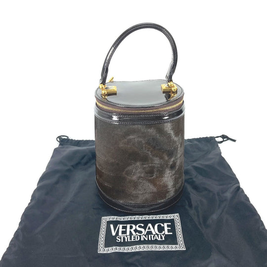 VERSACE Vanity bag Pony, Patent Leather Brown vintage Sunburst Vertical Women Used Authentic