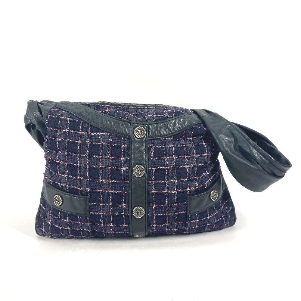 CHANEL Shoulder Bag Tweed, Leather Navy Button CC COCO Mark Girl chanel Women Used Authentic