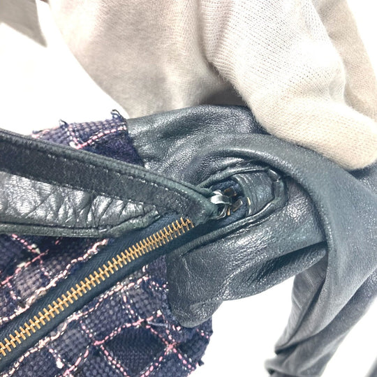 CHANEL Shoulder Bag Tweed, Leather Navy Button CC COCO Mark Girl chanel Women Used Authentic