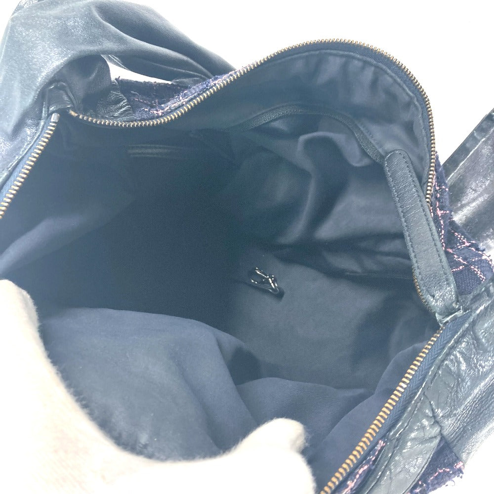 CHANEL Shoulder Bag Tweed, Leather Navy Button CC COCO Mark Girl chanel Women Used Authentic
