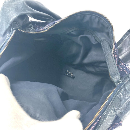 CHANEL Shoulder Bag Tweed, Leather Navy Button CC COCO Mark Girl chanel Women Used Authentic