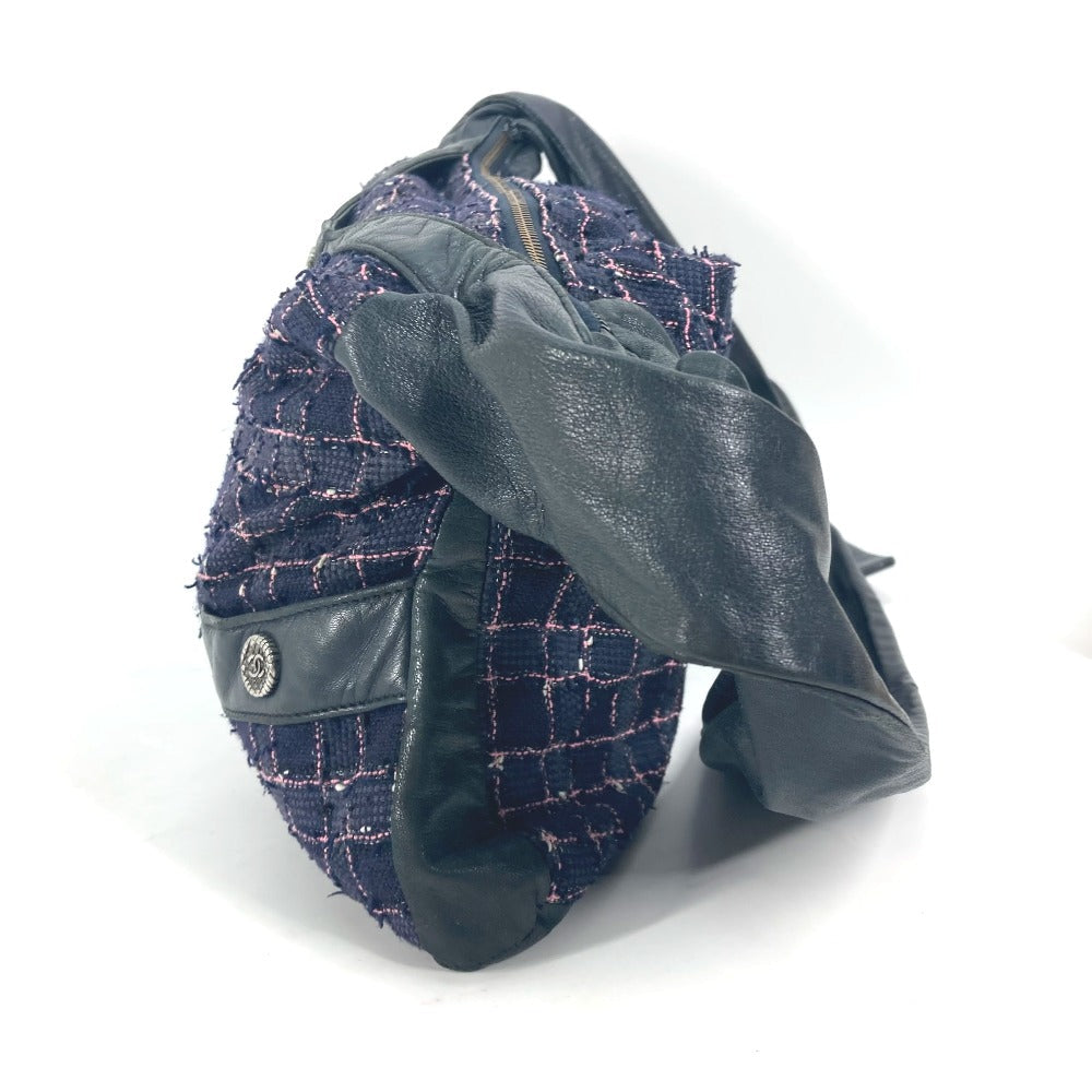 CHANEL Shoulder Bag Tweed, Leather Navy Button CC COCO Mark Girl chanel Women Used Authentic