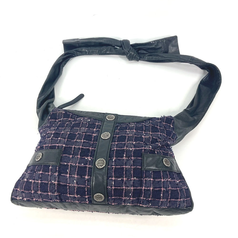 CHANEL Shoulder Bag Tweed, Leather Navy Button CC COCO Mark Girl chanel Women Used Authentic