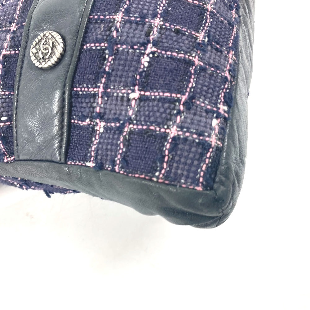 CHANEL Shoulder Bag Tweed, Leather Navy Button CC COCO Mark Girl chanel Women Used Authentic