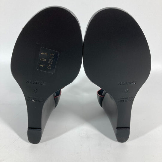 HERMES Sandals leather black Shoes Heels Bicolor Chene Dunkle 37