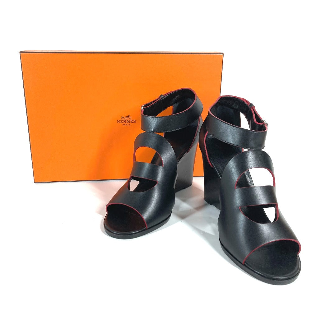 HERMES Sandals leather black Shoes Heels Bicolor Chene Dunkle 37