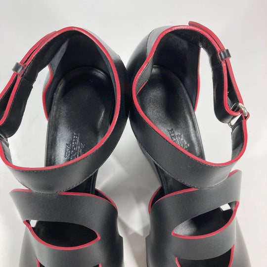 HERMES Sandals leather black Shoes Heels Bicolor Chene Dunkle 37