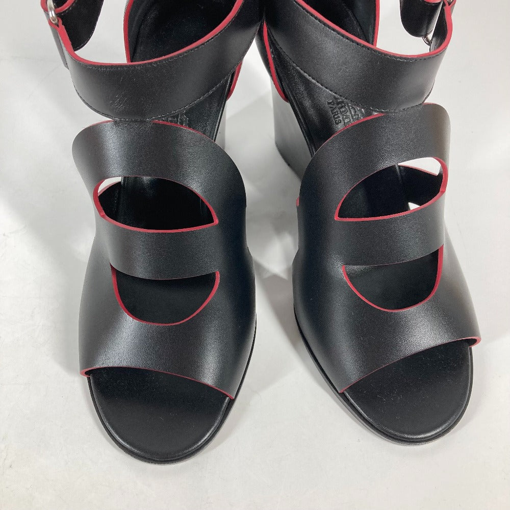 HERMES Sandals leather black Shoes Heels Bicolor Chene Dunkle 37