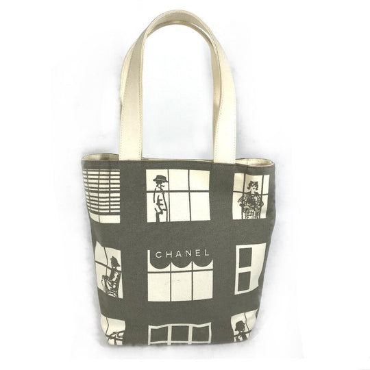 CHANEL Shoulder Bag canvas Gray x white Windows line Handbag Women Used Authentic