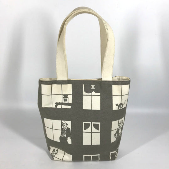 CHANEL Shoulder Bag canvas Gray x white Windows line Handbag Women Used Authentic