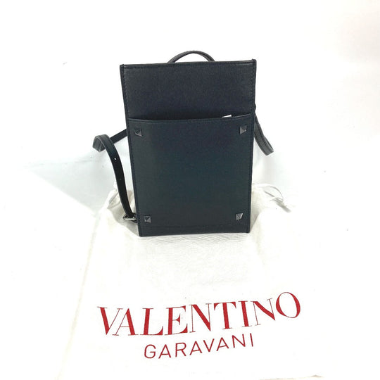 VALENTINO Shoulder Bag leather black Bag Crossbody Pochette logo Women Used Authentic