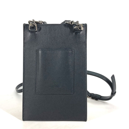 VALENTINO Shoulder Bag leather black Bag Crossbody Pochette logo Women Used Authentic