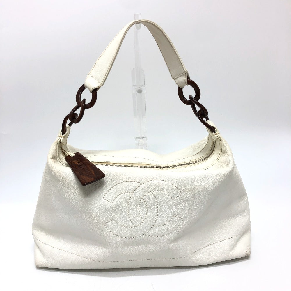 CHANEL Shoulder Bag Caviar skin white Wood tone CC COCO Mark Women Used Authentic