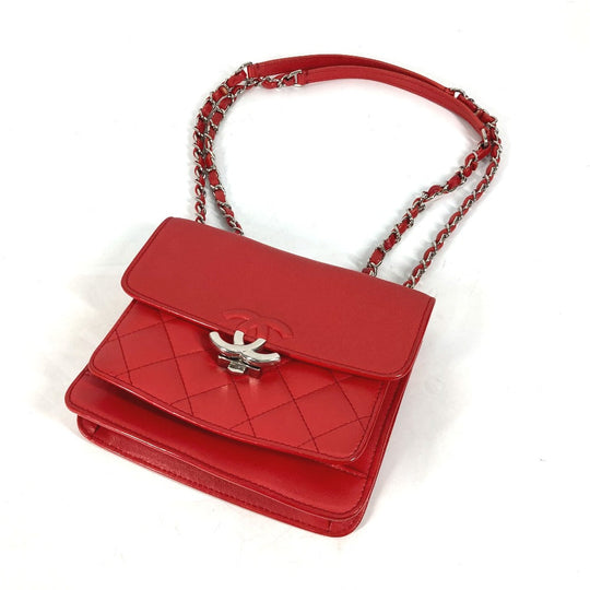 CHANEL Shoulder Bag leather Red WChain Double CC COCO Mark Women Used Authentic