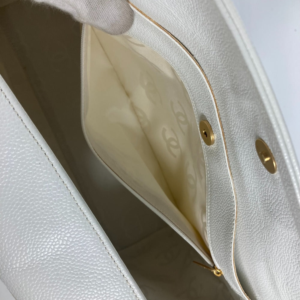 CHANEL Shoulder Bag Caviar skin white shoulder bag Deca COCO Mark CC Women Used Authentic