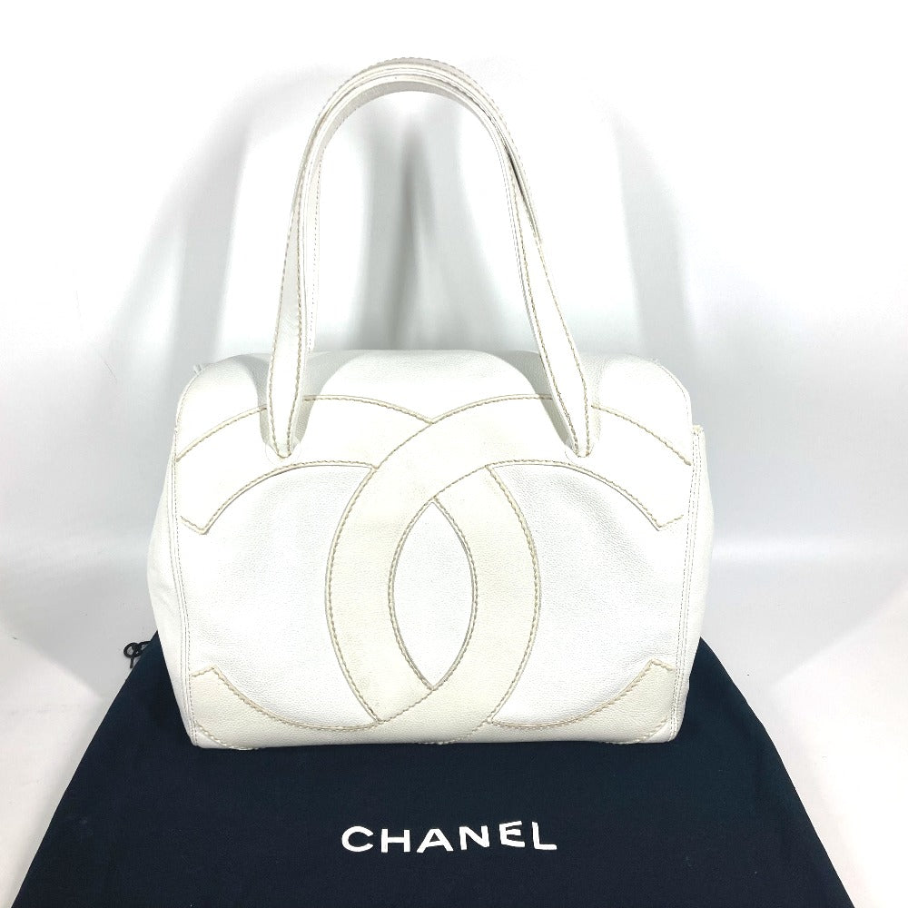 CHANEL Shoulder Bag Caviar skin white shoulder bag Deca COCO Mark CC Women Used Authentic