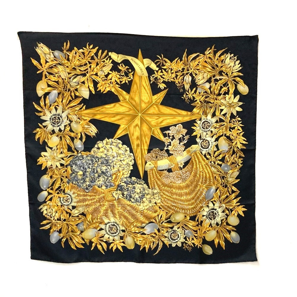 HERMES scarf silk black Carre90 PASSIFLORES Passion Flower Women Used Authentic