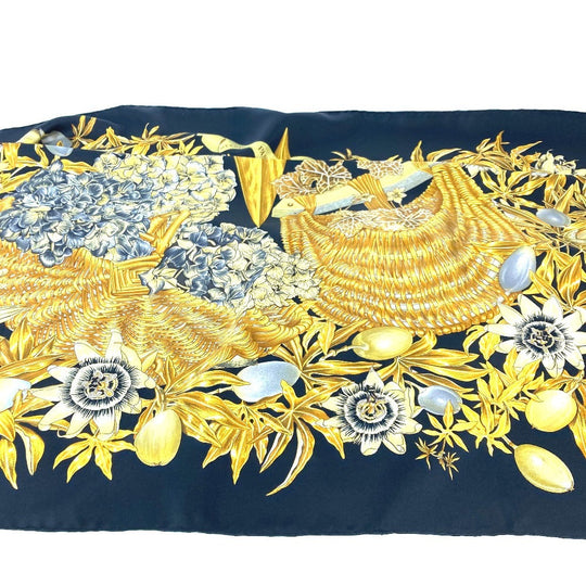 HERMES scarf silk black Carre90 PASSIFLORES Passion Flower Women Used Authentic