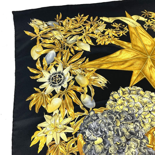 HERMES scarf silk black Carre90 PASSIFLORES Passion Flower Women Used Authentic