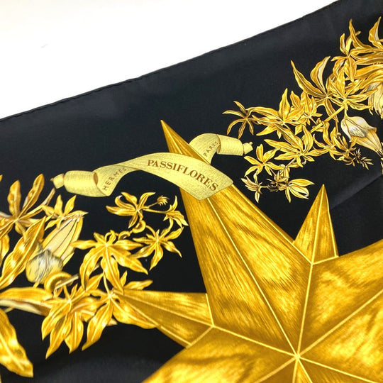 HERMES scarf silk black Carre90 PASSIFLORES Passion Flower Women Used Authentic