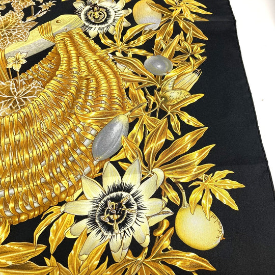 HERMES scarf silk black Carre90 PASSIFLORES Passion Flower Women Used Authentic