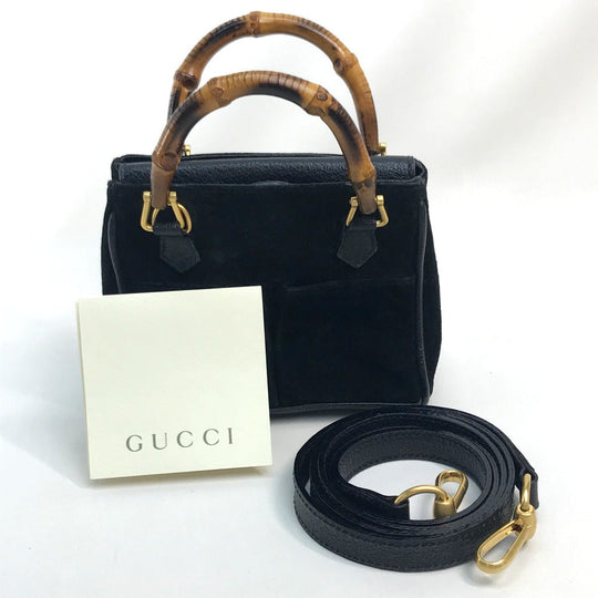 GUCCI Shoulder Bag Suede / leather Black x brown Pochette Bamboo Women Used Authentic