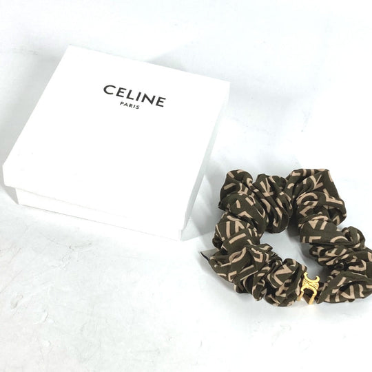 CELINE hair accessory Silk, Rubber khaki Triomphe logo Women Used Authentic
