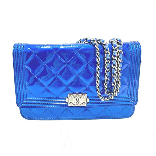 CHANEL Shoulder Bag Patent leather gunmetal blue Long Wallet Purse Bag Chain Bag Boy Chanel CC COCO Mark