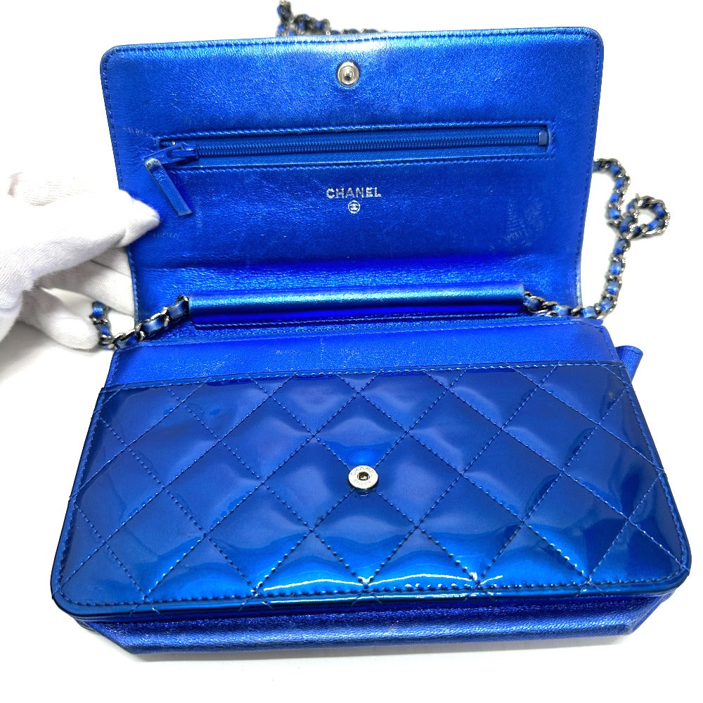 CHANEL Shoulder Bag Patent leather gunmetal blue Long Wallet Purse Bag Chain Bag Boy Chanel CC COCO Mark