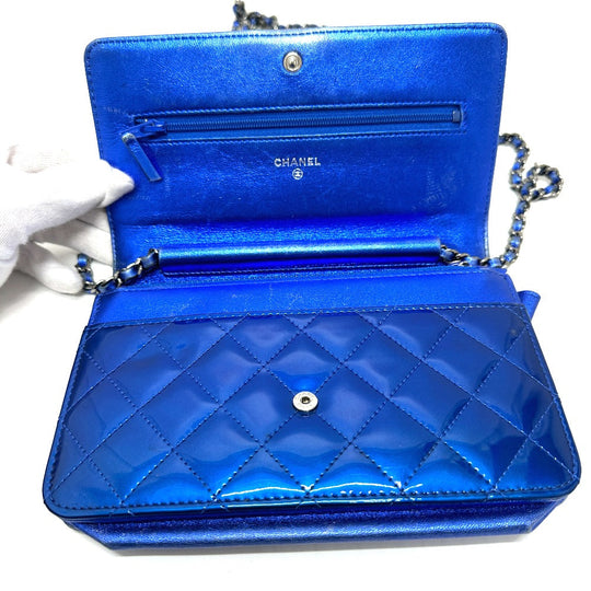 CHANEL Shoulder Bag Patent leather gunmetal blue Long Wallet Purse Bag Chain Bag Boy Chanel CC COCO Mark