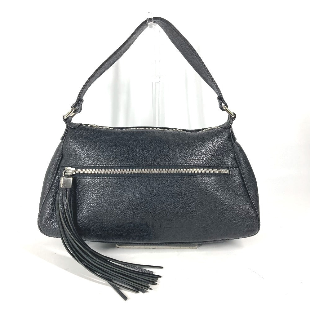 CHANEL Shoulder Bag leather black one belt shoulder bag logo fringe tassel Women Used Authentic