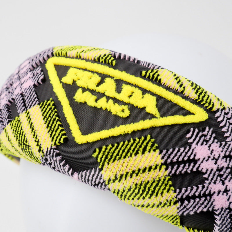 PRADA hair accessory Velor multicolor Hairband with triangle logo Headband Check Pattern Women Used Authentic