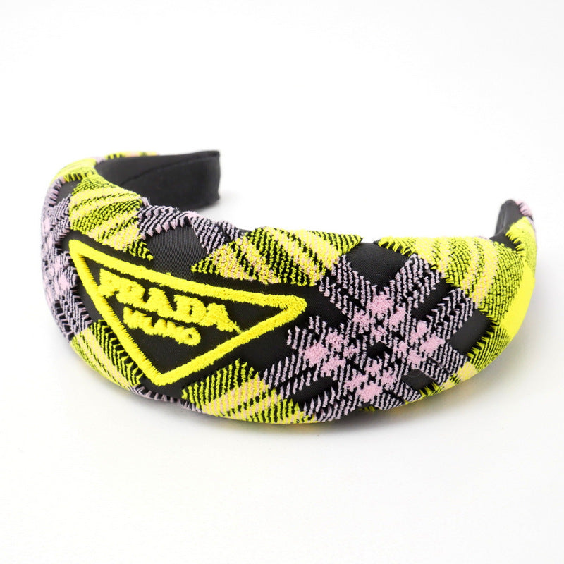PRADA hair accessory Velor multicolor Hairband with triangle logo Headband Check Pattern Women Used Authentic