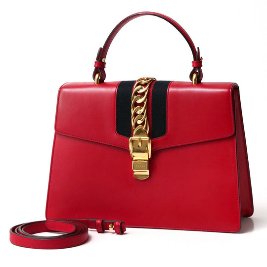 GUCCI Handbag 431665 Genuine Leather Red/Metal: Gold/Web ribbon: Navy x Red Sherry line SYLVIE Women Used Authentic