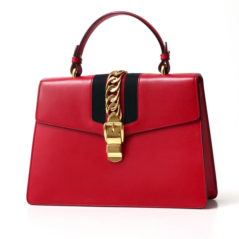 GUCCI Handbag 431665 Genuine Leather Red/Metal: Gold/Web ribbon: Navy x Red Sherry line SYLVIE Women Used Authentic