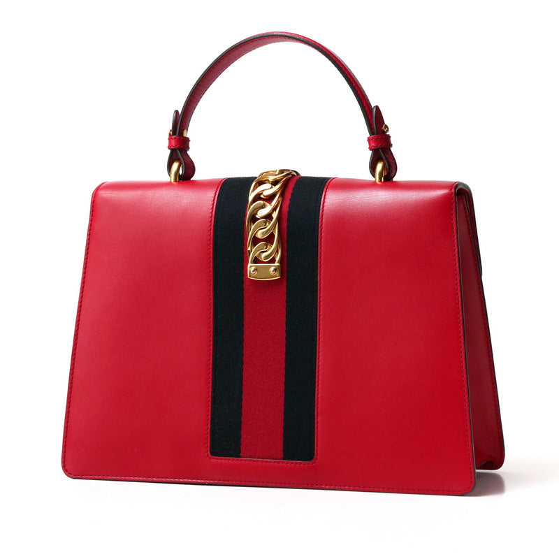 GUCCI Handbag 431665 Genuine Leather Red/Metal: Gold/Web ribbon: Navy x Red Sherry line SYLVIE Women Used Authentic