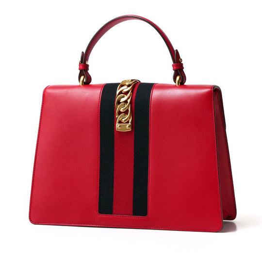 GUCCI Handbag 431665 Genuine Leather Red/Metal: Gold/Web ribbon: Navy x Red Sherry line SYLVIE Women Used Authentic