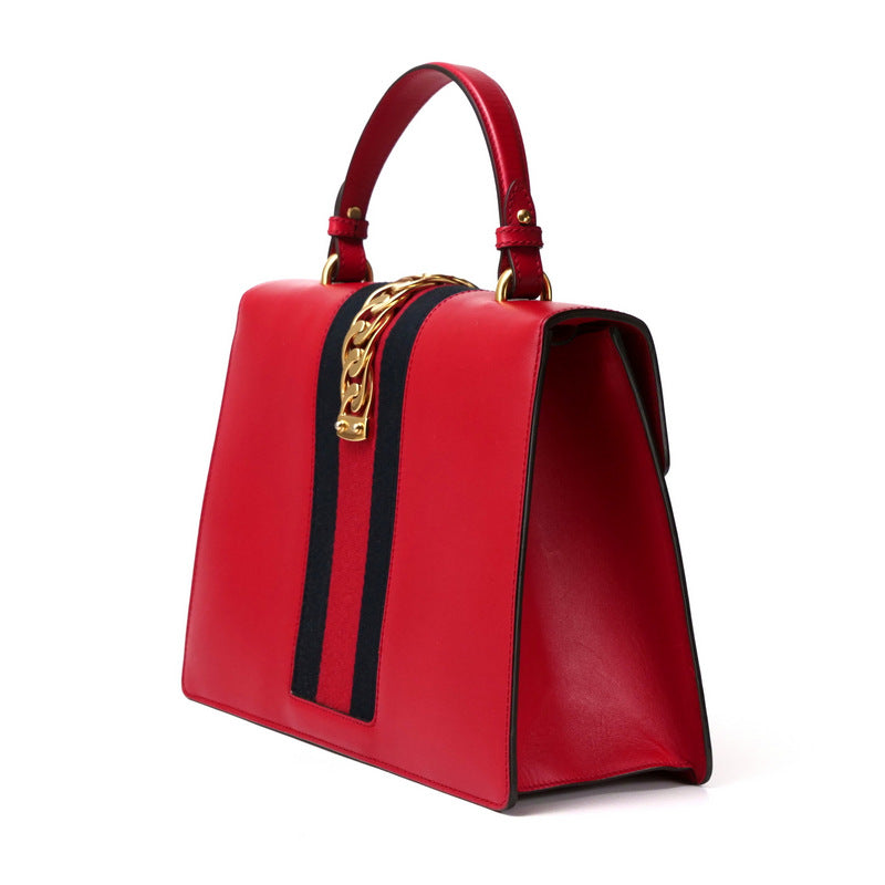 GUCCI Handbag 431665 Genuine Leather Red/Metal: Gold/Web ribbon: Navy x Red Sherry line SYLVIE Women Used Authentic