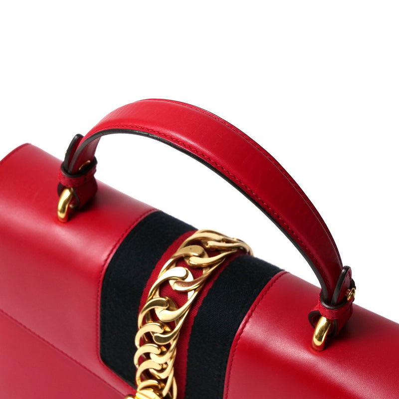 GUCCI Handbag 431665 Genuine Leather Red/Metal: Gold/Web ribbon: Navy x Red Sherry line SYLVIE Women Used Authentic