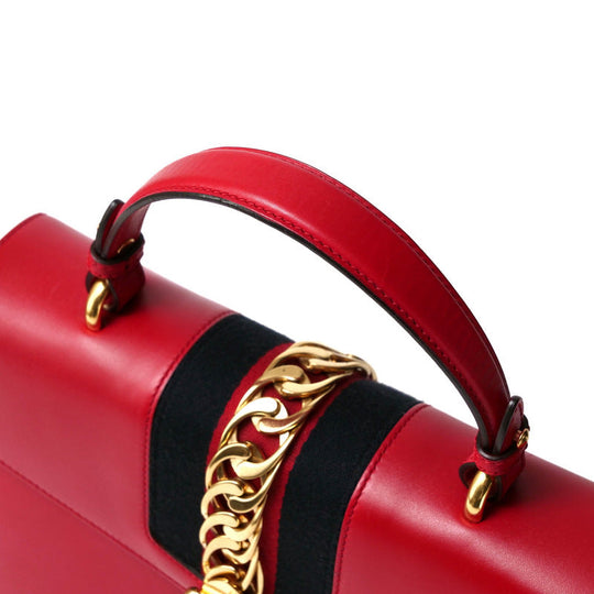 GUCCI Handbag 431665 Genuine Leather Red/Metal: Gold/Web ribbon: Navy x Red Sherry line SYLVIE Women Used Authentic