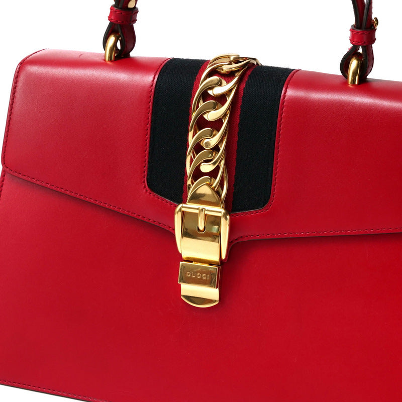GUCCI Handbag 431665 Genuine Leather Red/Metal: Gold/Web ribbon: Navy x Red Sherry line SYLVIE Women Used Authentic