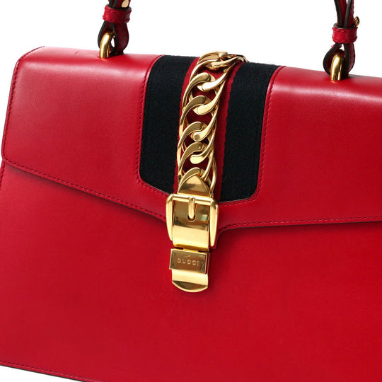 GUCCI Handbag 431665 Genuine Leather Red/Metal: Gold/Web ribbon: Navy x Red Sherry line SYLVIE Women Used Authentic