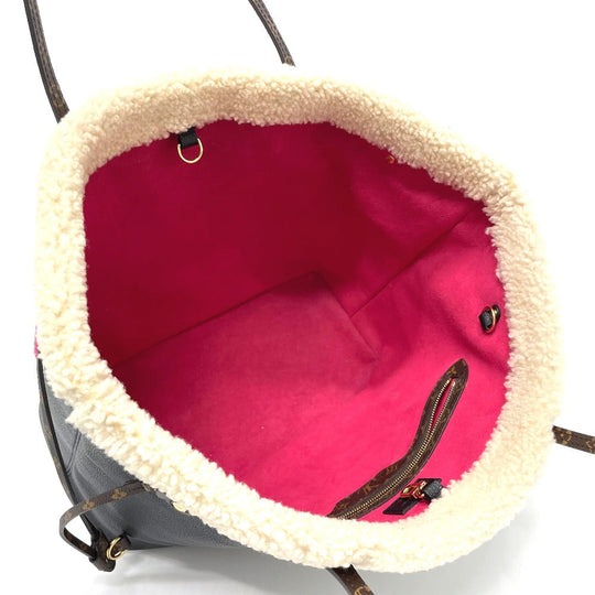 LOUIS VUITTON Tote Bag M56960 Calf leather black Shearling Monogram Flower LV Initials Neverfull MM Women Used Authentic