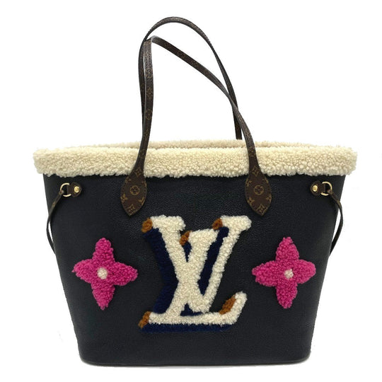 LOUIS VUITTON Tote Bag M56960 Calf leather black Shearling Monogram Flower LV Initials Neverfull MM Women Used Authentic