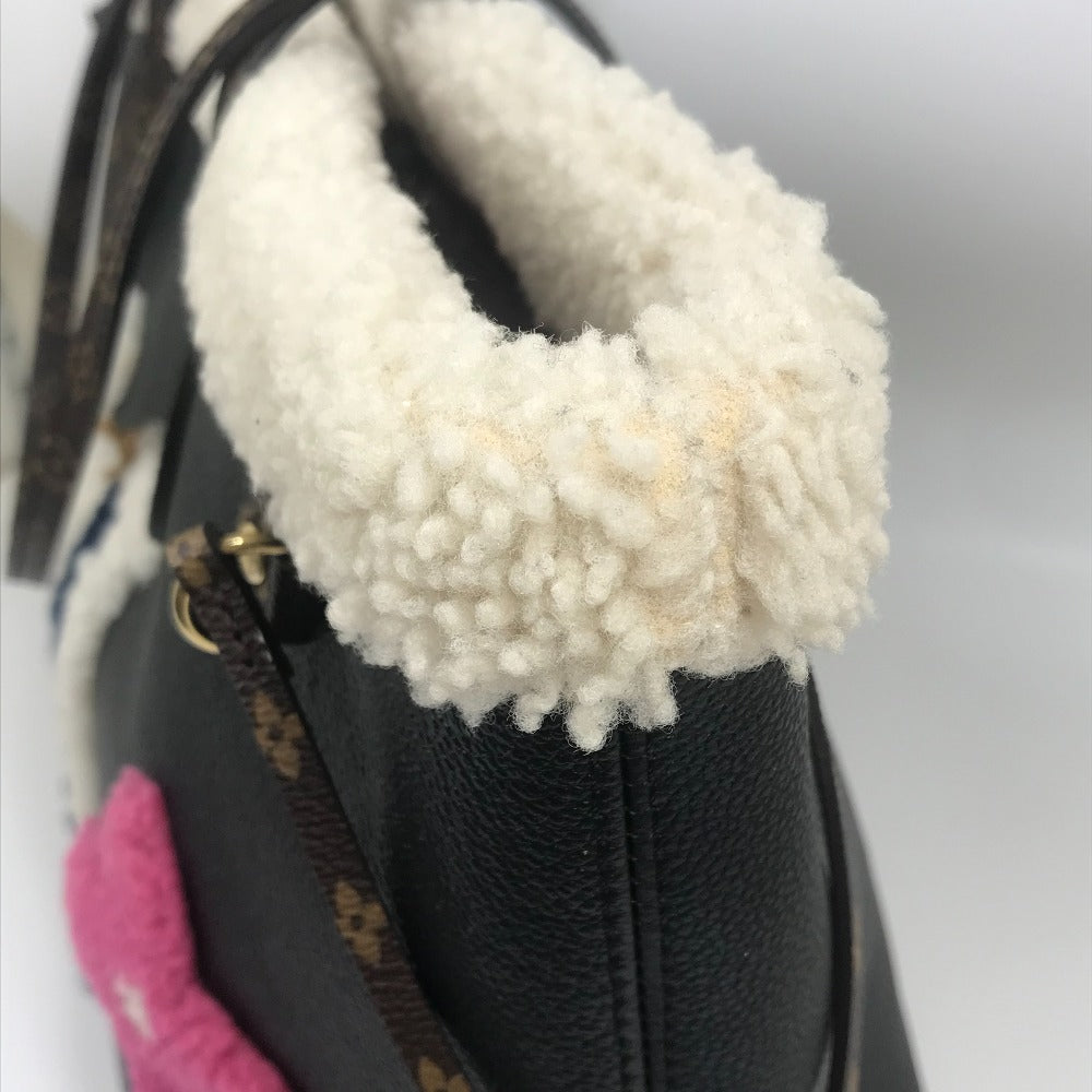 LOUIS VUITTON Tote Bag M56960 Calf leather black Shearling Monogram Flower LV Initials Neverfull MM Women Used Authentic