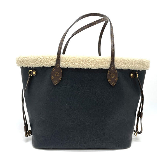 LOUIS VUITTON Tote Bag M56960 Calf leather black Shearling Monogram Flower LV Initials Neverfull MM Women Used Authentic