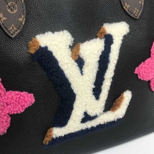 LOUIS VUITTON Tote Bag M56960 Calf leather black Shearling Monogram Flower LV Initials Neverfull MM Women Used Authentic